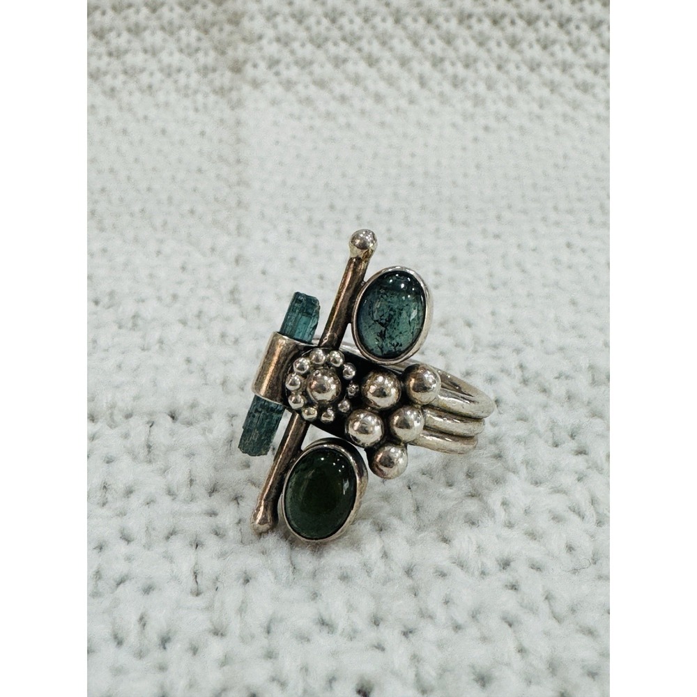 Silver Tone Mixed Stone Statement Ring Cluster Design Size 8